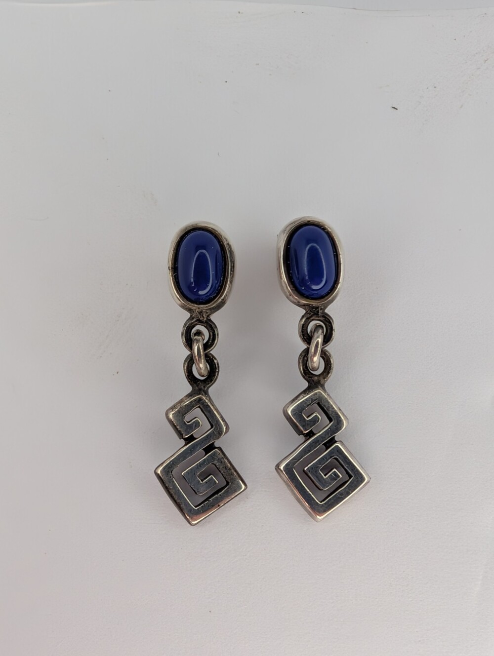 Sterling Silver 925 Greek Key Lapis Lazui Stud Earrings